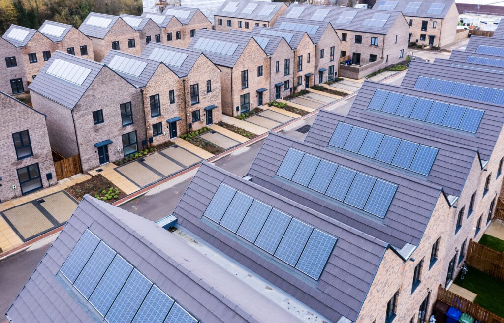 Aerial,View,Of,Rows,Of,New,Build,Modular,Terraced,Houses